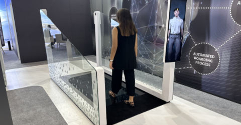 Closeup showing the non-barrier immigration border in an airport