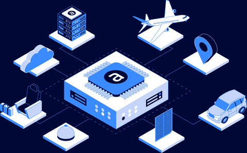 Abstract illustration of Amadeus at the center of the travel ecosystem connecting technology and travel players