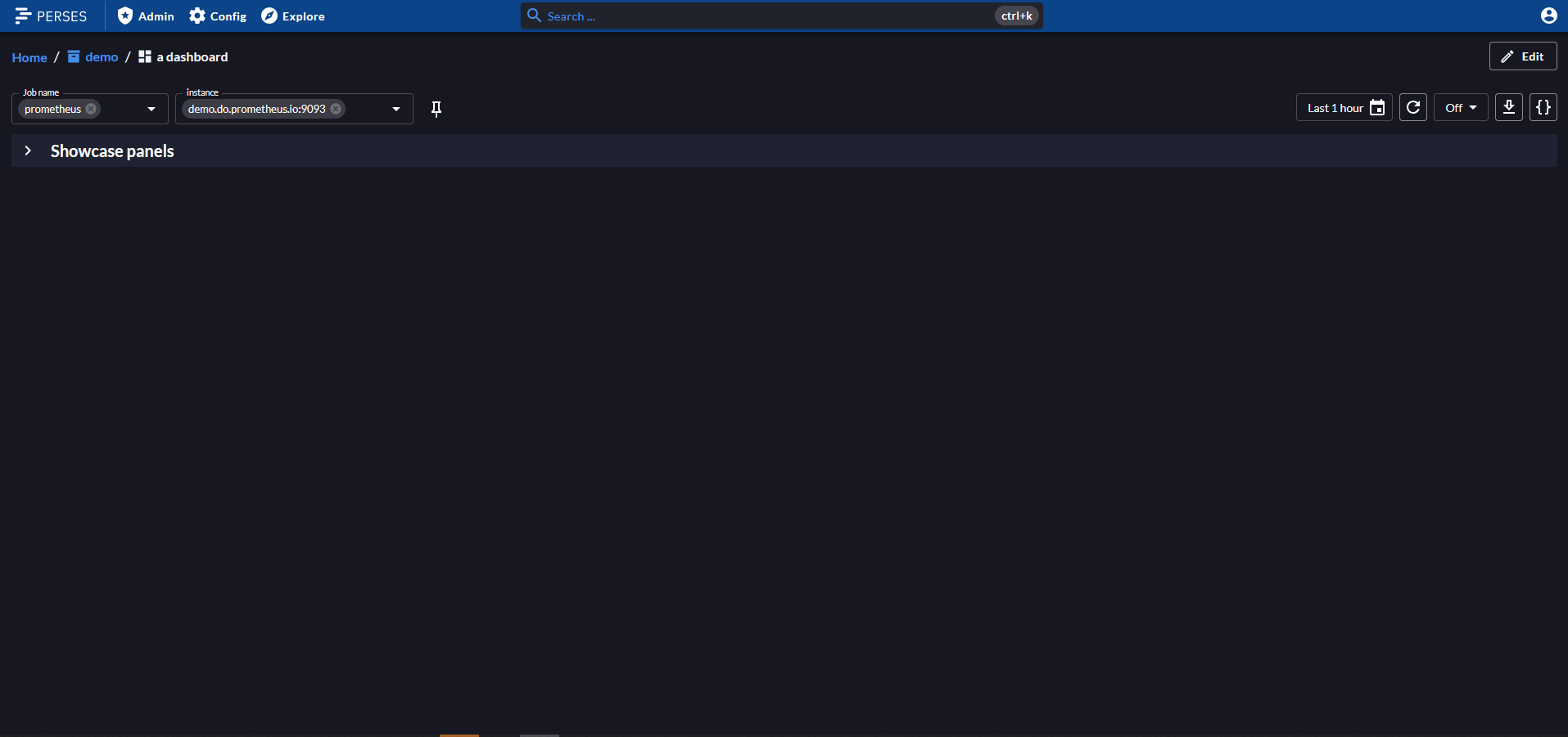 Animated demonstration of a Perses observability dashboard showing metrics filtering and dashboard interaction