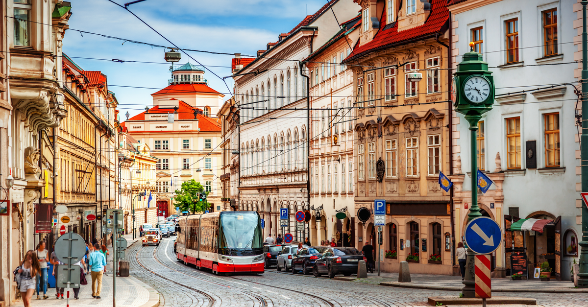 Colourful Prague street during day time