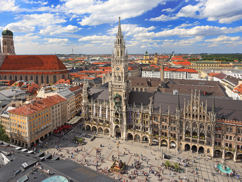  Cityscape of Munich, Germany, featuring the iconic Marienplatz square
